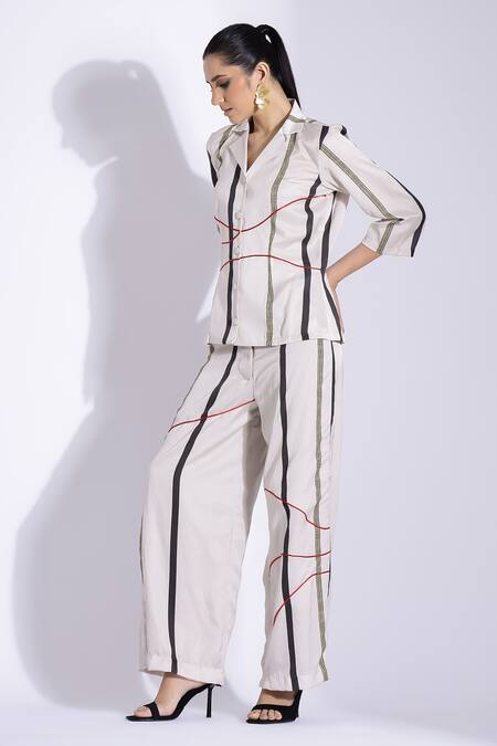 Shop_Studio Surbhi_Off White Cotton, Silk Bandeau Neck Geometric Element Print Shirt With Pant _Online_at_Aza_Fashions