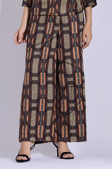 Studio Surbhi_Brown Cotton, Silk Collared Abstract Geometric Print Shirt With Pant _Online_at_Aza_Fashions