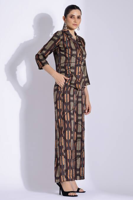 Buy_Studio Surbhi_Brown Cotton, Silk Collared Abstract Geometric Print Shirt With Pant _Online_at_Aza_Fashions