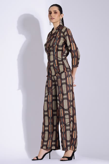 Shop_Studio Surbhi_Brown Cotton, Silk Collared Abstract Geometric Print Shirt With Pant _Online_at_Aza_Fashions
