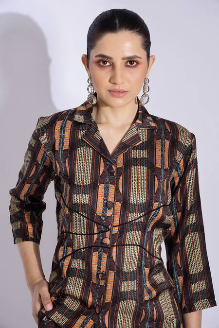 Studio Surbhi_Brown Cotton, Silk Collared Abstract Geometric Print Shirt With Pant _at_Aza_Fashions