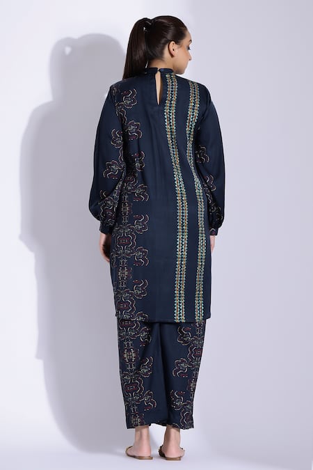 Shop Studio Surbhi Blue Cotton, Silk High Neck Abstract Print Kurta With Pant at Aza Fashions Shop_Studio Surbhi_Blue Cotton, Silk High Neck Abstract Print Kurta With Pant _at_Aza_Fashions