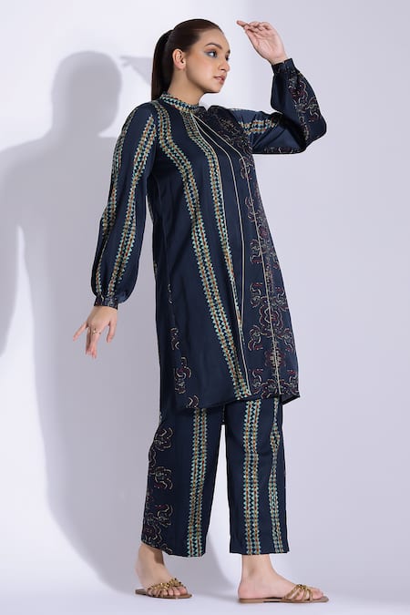 Buy Studio Surbhi Blue Cotton, Silk High Neck Abstract Print Kurta With Pant Online at Aza Fashions Buy_Studio Surbhi_Blue Cotton, Silk High Neck Abstract Print Kurta With Pant _Online_at_Aza_Fashions