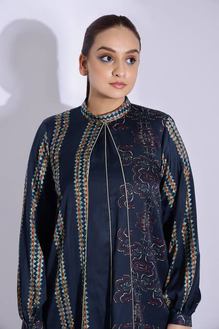 Studio Surbhi Blue Cotton, Silk High Neck Abstract Print Kurta With Pant at Aza Fashions Studio Surbhi_Blue Cotton, Silk High Neck Abstract Print Kurta With Pant _at_Aza_Fashions