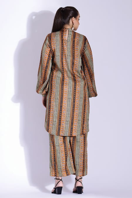 Shop Studio Surbhi Multi Color Cotton, Silk High Neck Abstract Tribal Print Kurta With Pant at Aza Fashions Shop_Studio Surbhi_Multi Color Cotton, Silk High Neck Abstract Tribal Print Kurta With Pant _at_Aza_Fashions