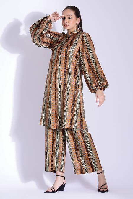 Shop Studio Surbhi Multi Color Cotton, Silk High Neck Abstract Tribal Print Kurta With Pant Online at Aza Fashions Shop_Studio Surbhi_Multi Color Cotton, Silk High Neck Abstract Tribal Print Kurta With Pant _Online_at_Aza_Fashions
