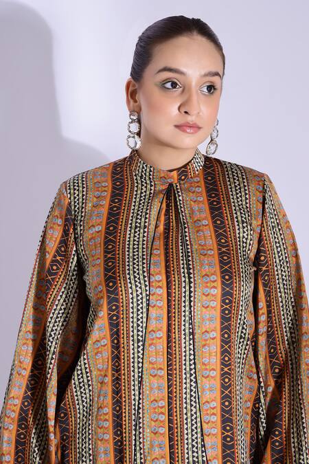 Studio Surbhi Multi Color Cotton, Silk High Neck Abstract Tribal Print Kurta With Pant at Aza Fashions Studio Surbhi_Multi Color Cotton, Silk High Neck Abstract Tribal Print Kurta With Pant _at_Aza_Fashions