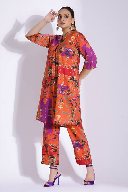 Shop Studio Surbhi Orange Cotton, Silk V-neck Abstract Illusion Print Kurta With Pant Online at Aza Fashions Shop_Studio Surbhi_Orange Cotton, Silk V-neck Abstract Illusion Print Kurta With Pant _Online_at_Aza_Fashions
