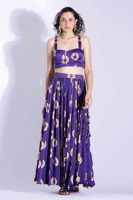 Studio Surbhi Blue Georgette, Satin Tassels Sweetheart Geometric Print Bustier And Skirt Set