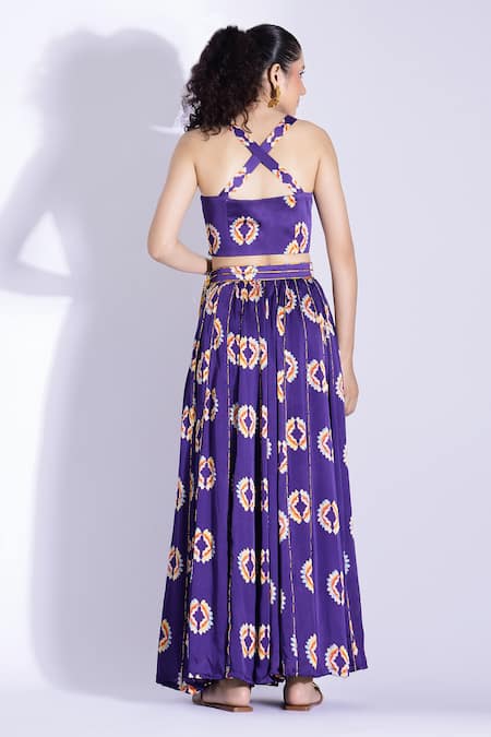 Shop Studio Surbhi Blue Georgette, Satin Tassels Sweetheart Geometric Print Bustier And Skirt Set at Aza Fashions Shop_Studio Surbhi_Blue Georgette, Satin Tassels Sweetheart Geometric Print Bustier And Skirt Set _at_Aza_Fashions