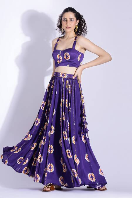 Studio Surbhi Blue Georgette, Satin Tassels Sweetheart Geometric Print Bustier And Skirt Set Online at Aza Fashions Studio Surbhi_Blue Georgette, Satin Tassels Sweetheart Geometric Print Bustier And Skirt Set _Online_at_Aza_Fashions