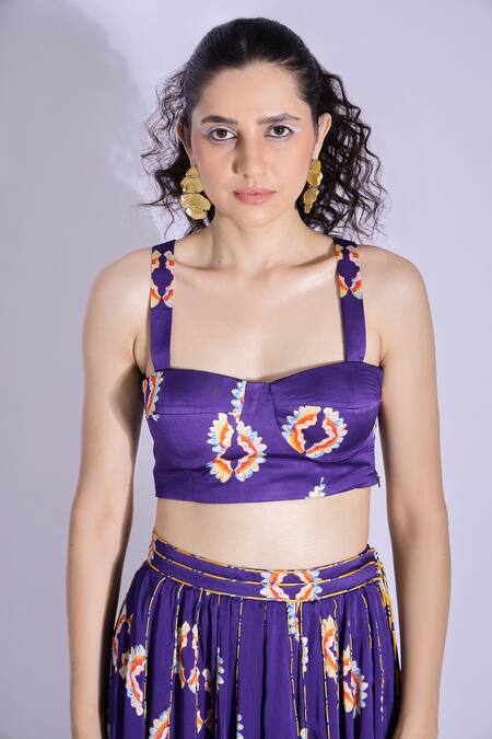 Shop Studio Surbhi Blue Georgette, Satin Tassels Sweetheart Geometric Print Bustier And Skirt Set Online at Aza Fashions Shop_Studio Surbhi_Blue Georgette, Satin Tassels Sweetheart Geometric Print Bustier And Skirt Set _Online_at_Aza_Fashions