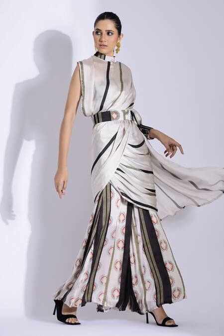 Studio Surbhi_Off White Georgette, Satin Round Neck Printed Pant Saree With Belt _at_Aza_Fashions