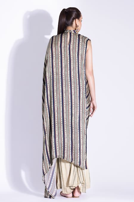 Shop Studio Surbhi Beige Georgette, Satin Embroidery Round Neck Stripe Print Pant Saree With Blouse at Aza Fashions Shop_Studio Surbhi_Beige Georgette, Satin Embroidery Round Neck Stripe Print Pant Saree With Blouse _at_Aza_Fashions