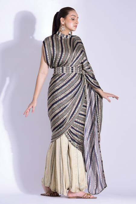 Studio Surbhi Beige Georgette, Satin Embroidery Round Neck Stripe Print Pant Saree With Blouse Online at Aza Fashions Studio Surbhi_Beige Georgette, Satin Embroidery Round Neck Stripe Print Pant Saree With Blouse _Online_at_Aza_Fashions