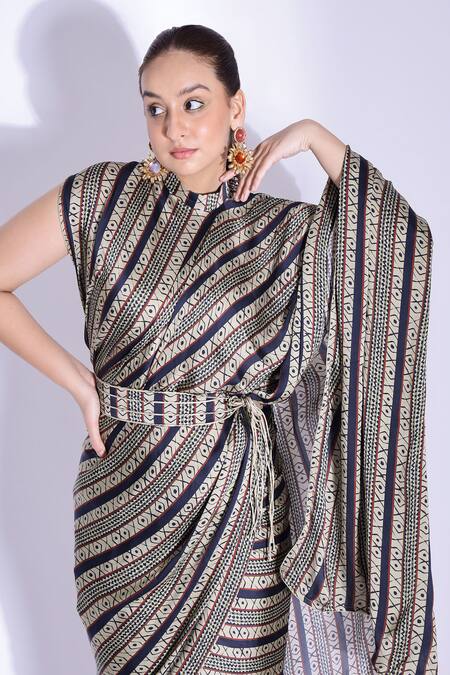 Shop Studio Surbhi Beige Georgette, Satin Embroidery Round Neck Stripe Print Pant Saree With Blouse Online at Aza Fashions Shop_Studio Surbhi_Beige Georgette, Satin Embroidery Round Neck Stripe Print Pant Saree With Blouse _Online_at_Aza_Fashions