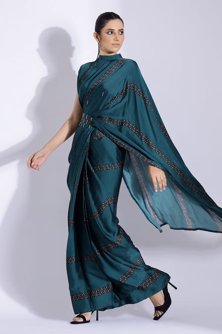 Studio Surbhi Green Georgette, Satin Tassels, Pre-stitched Saree With Embellished Blouse Online at Aza Fashions Studio Surbhi_Green Georgette, Satin Tassels, Pre-stitched Saree With Embellished Blouse _Online_at_Aza_Fashions
