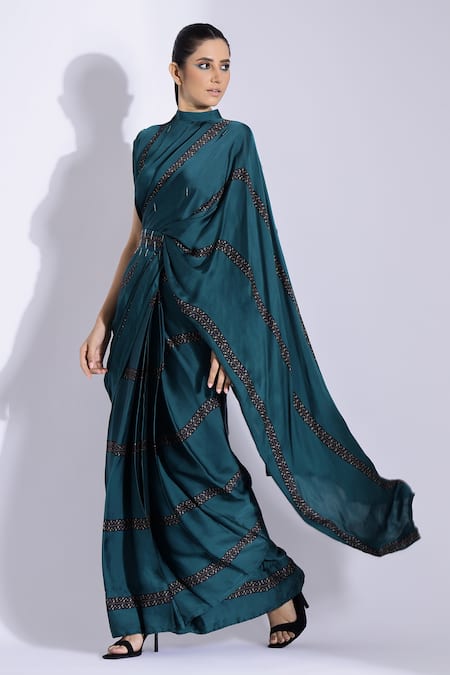 Buy Studio Surbhi Green Georgette, Satin Tassels, Pre-stitched Saree With Embellished Blouse Online at Aza Fashions Buy_Studio Surbhi_Green Georgette, Satin Tassels, Pre-stitched Saree With Embellished Blouse _Online_at_Aza_Fashions