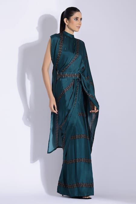 Shop Studio Surbhi Green Georgette, Satin Tassels, Pre-stitched Saree With Embellished Blouse Online at Aza Fashions Shop_Studio Surbhi_Green Georgette, Satin Tassels, Pre-stitched Saree With Embellished Blouse _Online_at_Aza_Fashions