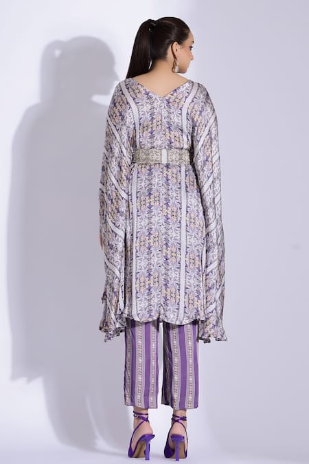 Shop Studio Surbhi Grey Georgette Cut Work, Embroidery V-neck Floral Print Kaftan And Pant Set at Aza Fashions Shop_Studio Surbhi_Grey Georgette Cut Work, Embroidery V-neck Floral Print Kaftan And Pant Set _at_Aza_Fashions