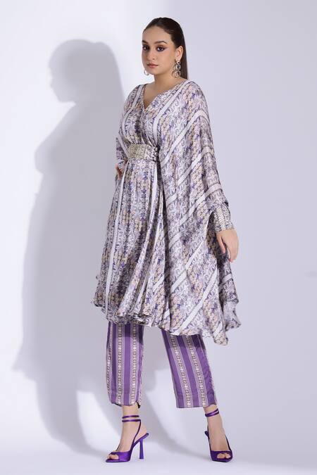 Buy Studio Surbhi Grey Georgette Cut Work, Embroidery V-neck Floral Print Kaftan And Pant Set Online at Aza Fashions Buy_Studio Surbhi_Grey Georgette Cut Work, Embroidery V-neck Floral Print Kaftan And Pant Set _Online_at_Aza_Fashions