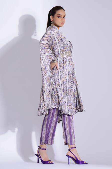 Shop Studio Surbhi Grey Georgette Cut Work, Embroidery V-neck Floral Print Kaftan And Pant Set Online at Aza Fashions Shop_Studio Surbhi_Grey Georgette Cut Work, Embroidery V-neck Floral Print Kaftan And Pant Set _Online_at_Aza_Fashions