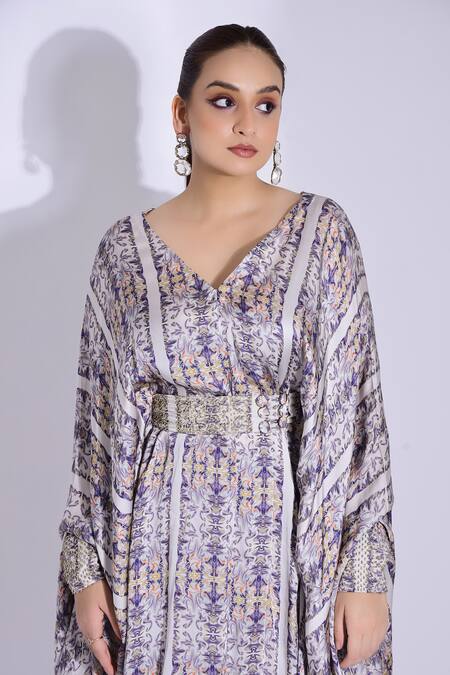 Studio Surbhi Grey Georgette Cut Work, Embroidery V-neck Floral Print Kaftan And Pant Set at Aza Fashions Studio Surbhi_Grey Georgette Cut Work, Embroidery V-neck Floral Print Kaftan And Pant Set _at_Aza_Fashions