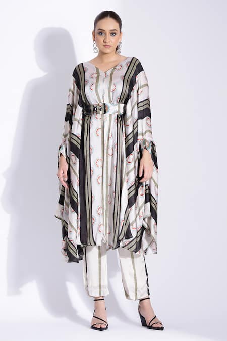 Studio Surbhi Off White Georgette Cut Work V-neck Geometric Digital Print Kaftan And Pant Set 