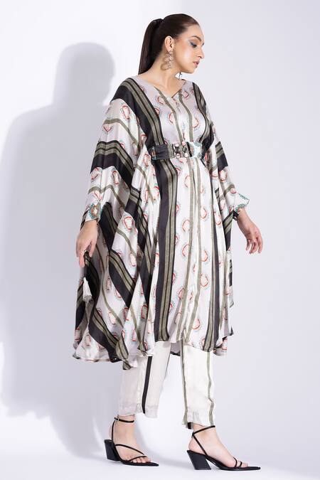 Studio Surbhi Off White Georgette Cut Work V-neck Geometric Digital Print Kaftan And Pant Set Online at Aza Fashions Studio Surbhi_Off White Georgette Cut Work V-neck Geometric Digital Print Kaftan And Pant Set _Online_at_Aza_Fashions