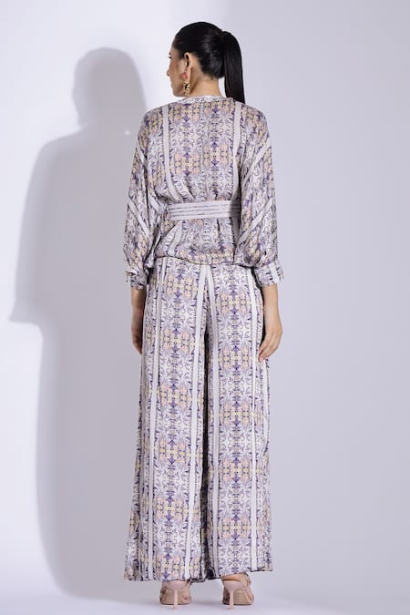 Shop Studio Surbhi Grey Georgette, Satin V-neck Botanical Print Shirt And Pant Set at Aza Fashions Shop_Studio Surbhi_Grey Georgette, Satin V-neck Botanical Print Shirt And Pant Set _at_Aza_Fashions