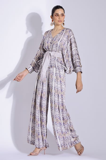 Studio Surbhi Grey Georgette, Satin V-neck Botanical Print Shirt And Pant Set Online at Aza Fashions Studio Surbhi_Grey Georgette, Satin V-neck Botanical Print Shirt And Pant Set _Online_at_Aza_Fashions