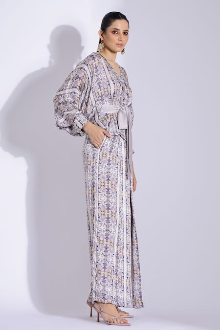 Buy Studio Surbhi Grey Georgette, Satin V-neck Botanical Print Shirt And Pant Set Online at Aza Fashions Buy_Studio Surbhi_Grey Georgette, Satin V-neck Botanical Print Shirt And Pant Set _Online_at_Aza_Fashions