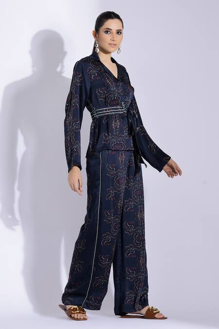 Studio Surbhi_Blue Georgette Piping Floral Print Jacket And Pant Set_Online_at_Aza_Fashions