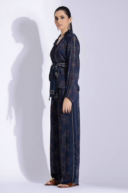 Buy_Studio Surbhi_Blue Georgette Piping Floral Print Jacket And Pant Set_Online_at_Aza_Fashions