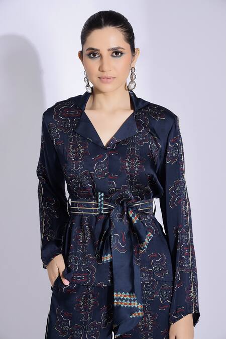 Shop_Studio Surbhi_Blue Georgette Piping Floral Print Jacket And Pant Set_Online_at_Aza_Fashions