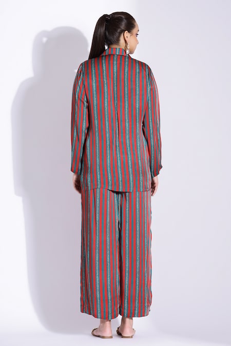 Shop Studio Surbhi Red Georgette, Satin Split V-neck Stripe Digital Print Shirt And Pant Set at Aza Fashions Shop_Studio Surbhi_Red Georgette, Satin Split V-neck Stripe Digital Print Shirt And Pant Set _at_Aza_Fashions