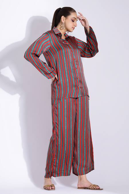 Studio Surbhi Red Georgette, Satin Split V-neck Stripe Digital Print Shirt And Pant Set Online at Aza Fashions Studio Surbhi_Red Georgette, Satin Split V-neck Stripe Digital Print Shirt And Pant Set _Online_at_Aza_Fashions
