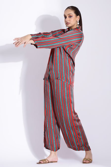 Buy Studio Surbhi Red Georgette, Satin Split V-neck Stripe Digital Print Shirt And Pant Set Online at Aza Fashions Buy_Studio Surbhi_Red Georgette, Satin Split V-neck Stripe Digital Print Shirt And Pant Set _Online_at_Aza_Fashions