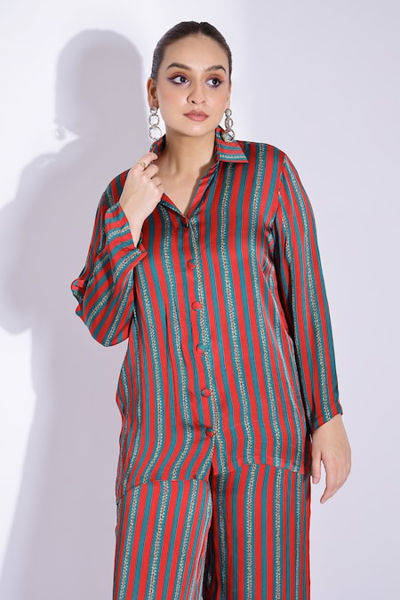 Shop Studio Surbhi Red Georgette, Satin Split V-neck Stripe Digital Print Shirt And Pant Set Online at Aza Fashions Shop_Studio Surbhi_Red Georgette, Satin Split V-neck Stripe Digital Print Shirt And Pant Set _Online_at_Aza_Fashions