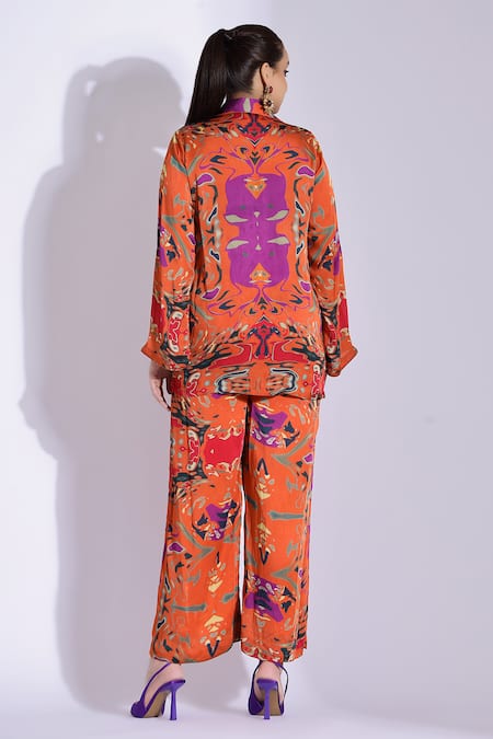 Shop Studio Surbhi Orange Georgette, Satin Pearls Split Abstract Digital Print Shirt And Pant Set at Aza Fashions Shop_Studio Surbhi_Orange Georgette, Satin Pearls Split Abstract Digital Print Shirt And Pant Set _at_Aza_Fashions