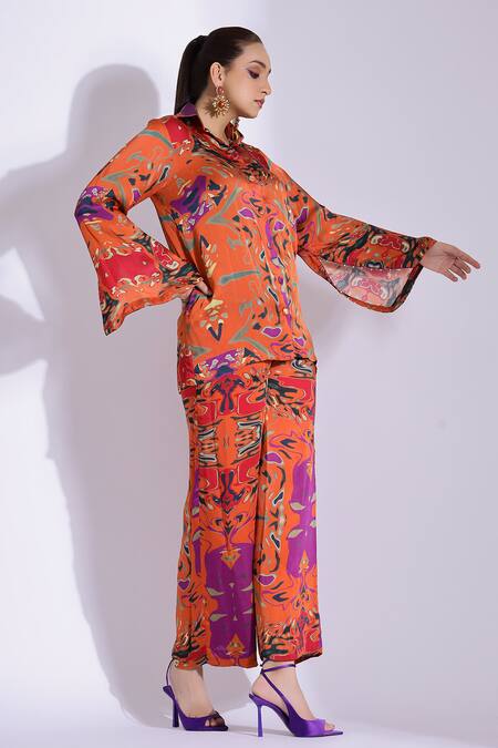 Studio Surbhi Orange Georgette, Satin Pearls Split Abstract Digital Print Shirt And Pant Set Online at Aza Fashions Studio Surbhi_Orange Georgette, Satin Pearls Split Abstract Digital Print Shirt And Pant Set _Online_at_Aza_Fashions