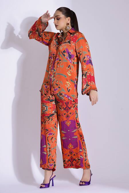 Buy Studio Surbhi Orange Georgette, Satin Pearls Split Abstract Digital Print Shirt And Pant Set Online at Aza Fashions Buy_Studio Surbhi_Orange Georgette, Satin Pearls Split Abstract Digital Print Shirt And Pant Set _Online_at_Aza_Fashions