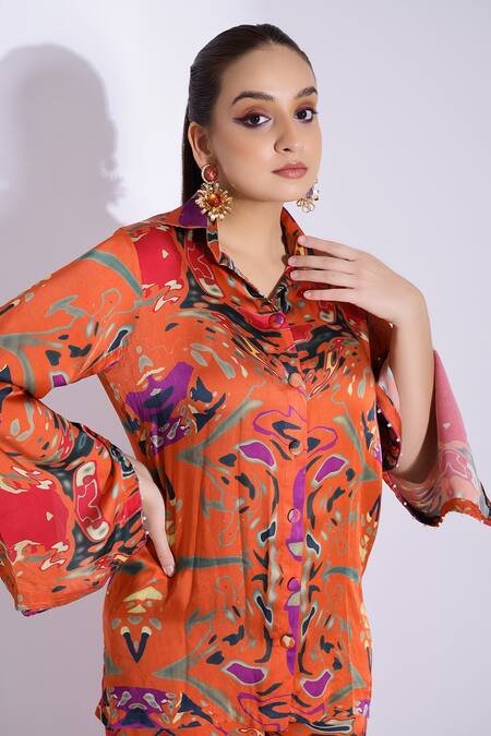 Shop Studio Surbhi Orange Georgette, Satin Pearls Split Abstract Digital Print Shirt And Pant Set Online at Aza Fashions Shop_Studio Surbhi_Orange Georgette, Satin Pearls Split Abstract Digital Print Shirt And Pant Set _Online_at_Aza_Fashions