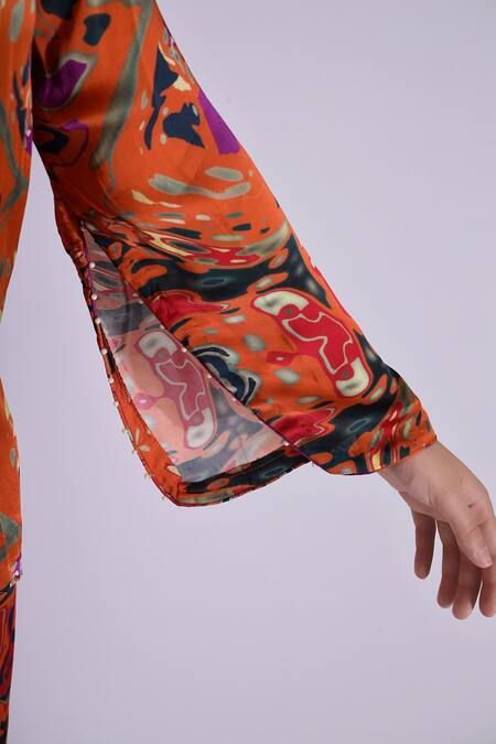Studio Surbhi Orange Georgette, Satin Pearls Split Abstract Digital Print Shirt And Pant Set at Aza Fashions Studio Surbhi_Orange Georgette, Satin Pearls Split Abstract Digital Print Shirt And Pant Set _at_Aza_Fashions