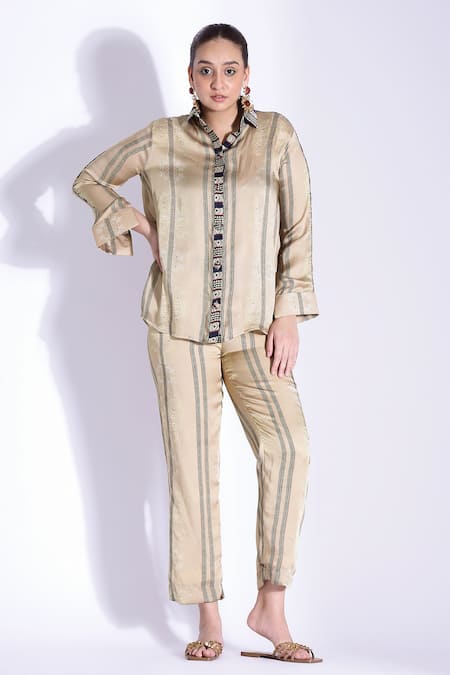 Studio Surbhi Beige Georgette, Satin Embroidery Split Placement Printed Shirt And Pant Set 