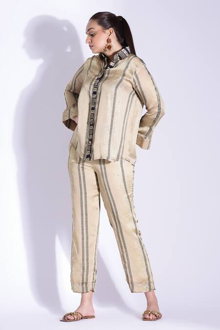 Buy_Studio Surbhi_Beige Georgette, Satin Embroidery Split Placement Printed Shirt And Pant Set _Online_at_Aza_Fashions