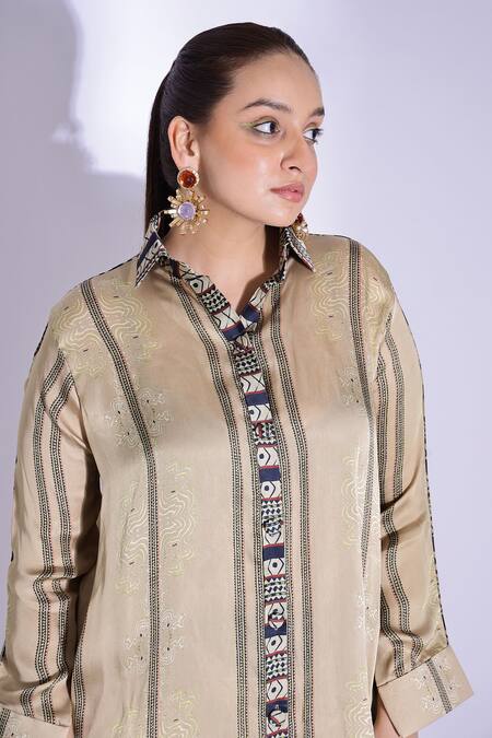 Shop_Studio Surbhi_Beige Georgette, Satin Embroidery Split Placement Printed Shirt And Pant Set _Online_at_Aza_Fashions
