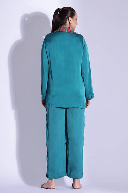 Shop Studio Surbhi Blue Georgette, Satin Cut Work, Embroidery Collar Embellished Shirt And Pant Set at Aza Fashions Shop_Studio Surbhi_Blue Georgette, Satin Cut Work, Embroidery Collar Embellished Shirt And Pant Set _at_Aza_Fashions