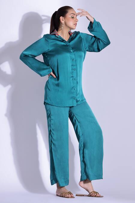 Studio Surbhi Blue Georgette, Satin Cut Work, Embroidery Collar Embellished Shirt And Pant Set Online at Aza Fashions Studio Surbhi_Blue Georgette, Satin Cut Work, Embroidery Collar Embellished Shirt And Pant Set _Online_at_Aza_Fashions