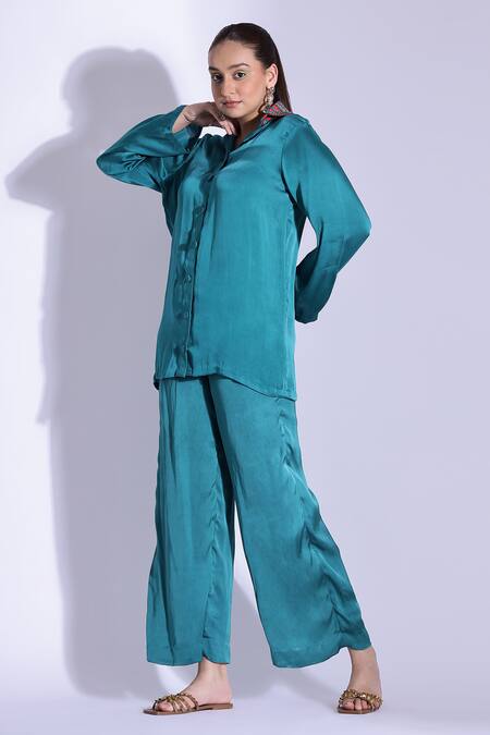 Buy Studio Surbhi Blue Georgette, Satin Cut Work, Embroidery Collar Embellished Shirt And Pant Set Online at Aza Fashions Buy_Studio Surbhi_Blue Georgette, Satin Cut Work, Embroidery Collar Embellished Shirt And Pant Set _Online_at_Aza_Fashions